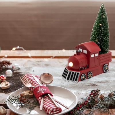 Figurina ceramica, locomotiva rosie cu brad - KDCA 21